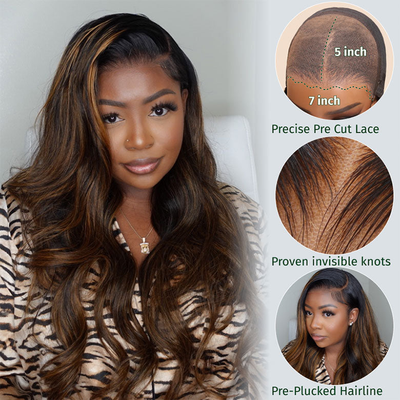 $100 OFF | Code: SAVE100 Klaiyi Dark Root Brown Balayage Highlight 3D Body Wave Bye Bye Knots Wig