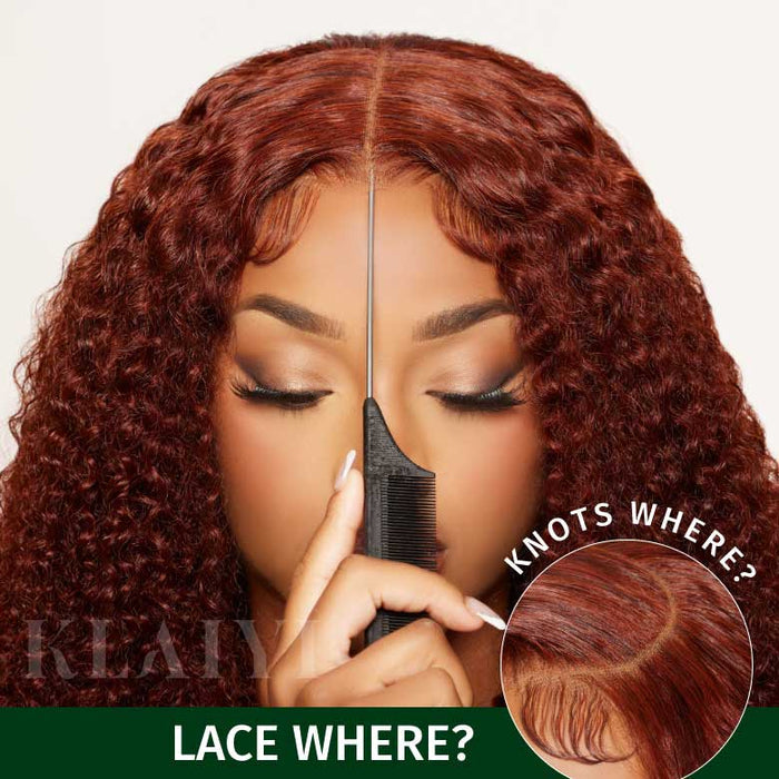 Klaiyi Afro Kinky Curly Reddish Brown 180% Density 13x4 Pre-everything Frontal Wig With Invisi Drawstring Put On and Go Glueless Wig