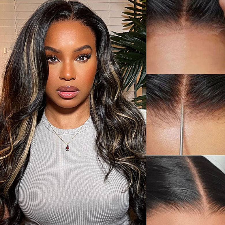 Klaiyi 7x5 Glueless Lace Put On and Go Pre-cut Lace  Natural Color With Peek A Boo Blonde Highlights Body Wave Wig