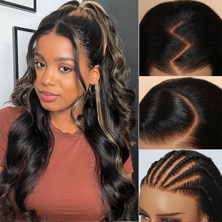 Klaiyi 7x5 Glueless Lace Put On and Go Pre-cut Lace  Natural Color With Peek A Boo Blonde Highlights Body Wave Wig