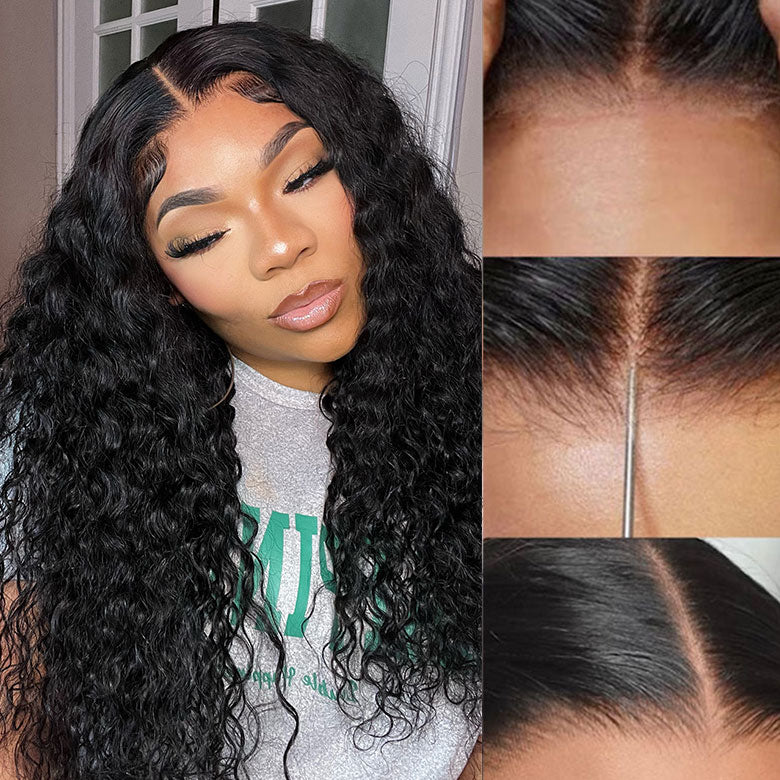 Klaiyi Water Wave Pre-Cut Glueless Wig Put On and Go Human Hair Wigs Natural Black Color