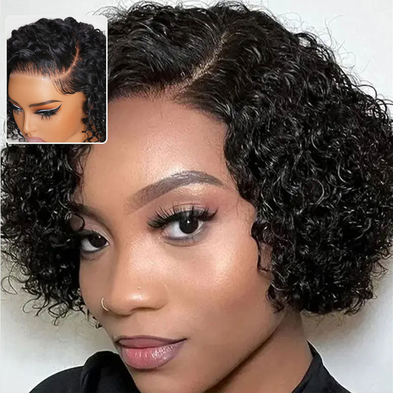 Klaiyi Side Deep Part Short Bob Curly Wig 7X5 Bye Bye Knots Lace Front Wigs Human Hair Wigs Natural Black Color Flash Sale