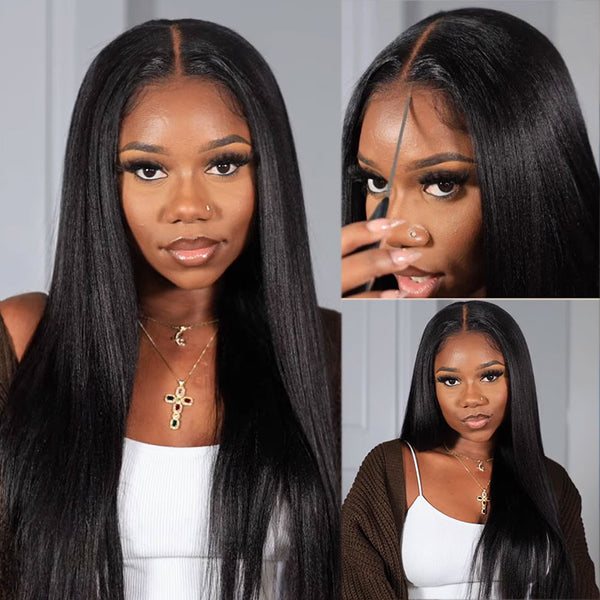 Klaiyi Natural Color Yaki Straight  7x5  Pre Everything Put On and Go Glueless Lace Wigs Flash Sale