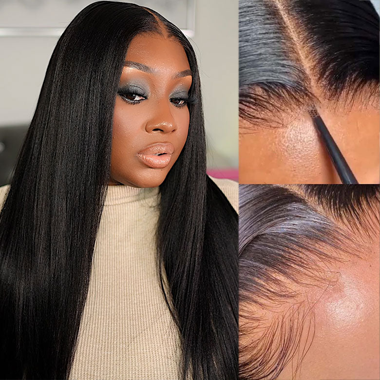Klaiyi Yaki Straight Put On and Go Glueless Lace Wigs 7x5 Bye Bye Knots Pre-cut Human Hair Lace Wig Kinky Straight