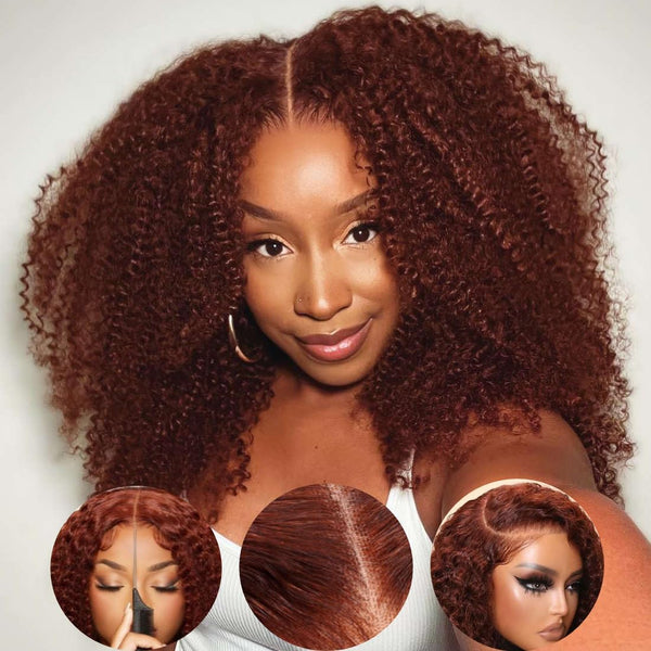 Extra 50% Off, Code: HALF50 | Klaiyi Auburn Brown Color 13x4 Glueless Lace Frontal Wig Kinky Curly Human Hair