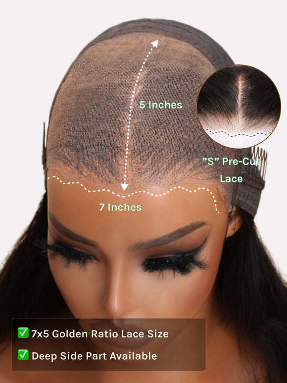 Klaiyi 7x5 No Slip Glueless Lace Wig Black with Caramel Highlights Side Part Yaki Straight Bob Wig with Invisi Drawstring