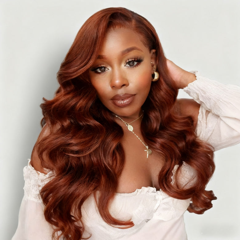 Klaiyi Brunette Auburn Copper 7x5 Pre everything Lace Frontal Wig Body Wave Virgin Human Hair Reddish Brown Color