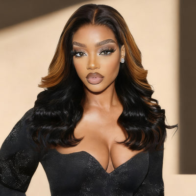 Klaiyi Black with Caramel Blonde Highlights Body Wave Wig 7x5 Bye-Bye Knots Put on and Go Glueless Wig