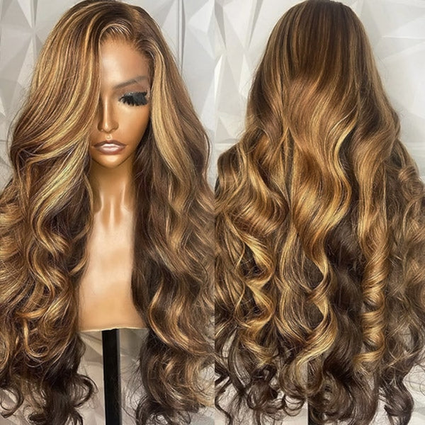 Klaiyi Ombre Highlight Blonde Body Wave 13x4 Pre-Everything Lace Frontal Wig Human Hair Put on and go Wigs