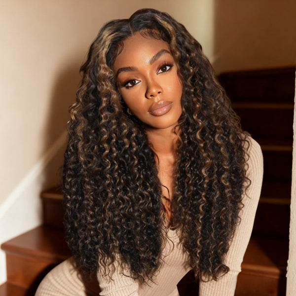 Klaiyi 13×4 Golden Brown Highlight Water curly hair Pre Everything  Lace Wig With Invisible Drawstring