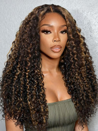 Klaiyi 13×4 Golden Brown Highlight Water curly hair Pre Everything  Lace Wig With Invisible Drawstring