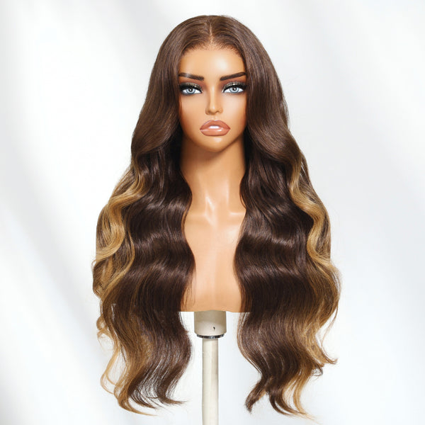 Klaiyi Dark Brown Balayage Highlights Loose Wave 7×5 Glueless Lace Front Wig with Invisible Drawstring