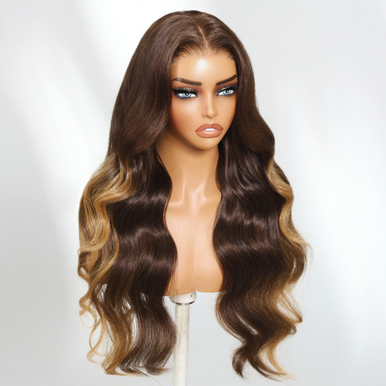 Klaiyi Dark Brown Balayage Highlights Loose Wave 7×5 Glueless Lace Front Wig with Invisible Drawstring