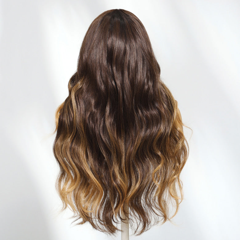 Klaiyi Dark Brown Balayage Highlights Loose Wave 7×5 Glueless Lace Front Wig with Invisible Drawstring