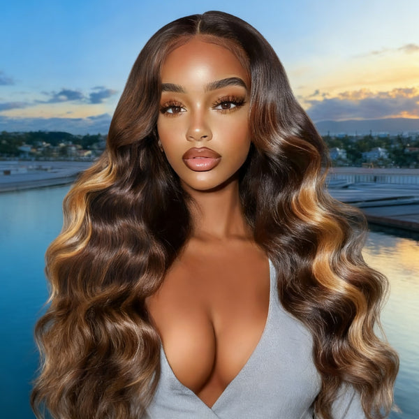 Klaiyi Dark Brown Balayage Highlights Loose Wave 7×5 Glueless Lace Front Wig with Invisible Drawstring