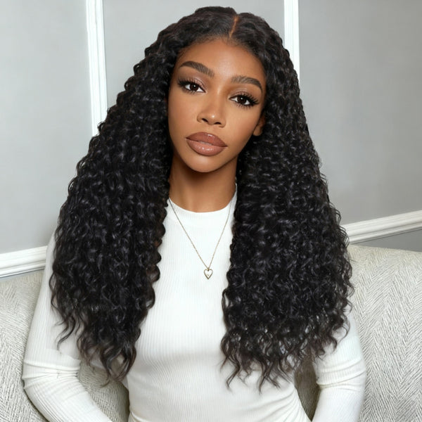 Klaiyi 7×5 Bye Bye Knots Jerry Curly Top with Water Wave Ends Natural Black Pre-Everything Lace Frontal Wig with Invisi Drawstring