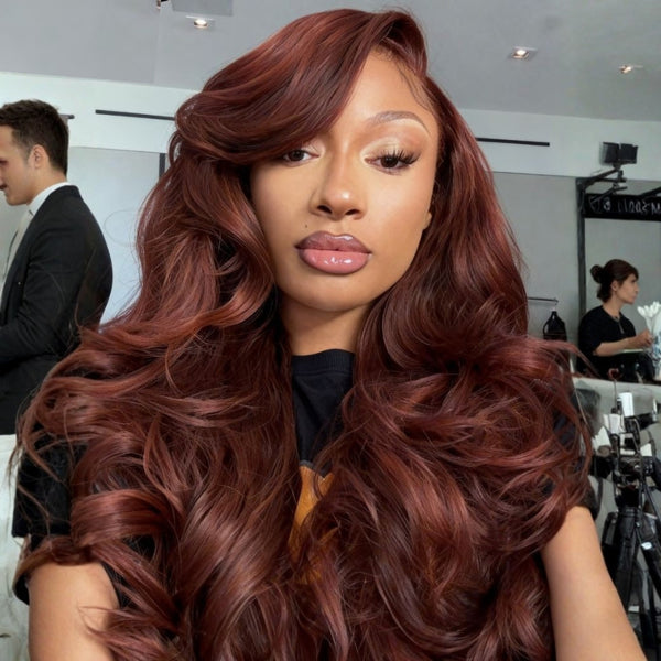 Klaiyi Burgundy Brown Romantic Voluminous Curls 7×5 Bye Bye Knots Glueless Human Hair Wig with Invisible Drawstring