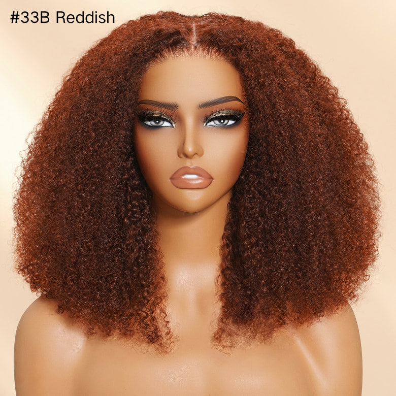 Klaiyi Afro Kinky Curly Reddish Brown 180% Density 13x4 Pre-everything Frontal Wig With Invisi Drawstring Put On and Go Glueless Wig