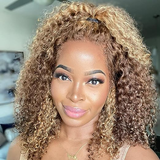 Klaiyi Honey Blonde Highlights Kinky Curly Cut BOB Wig 13x4  Lace Front Wigs Human Hair Flash Sale