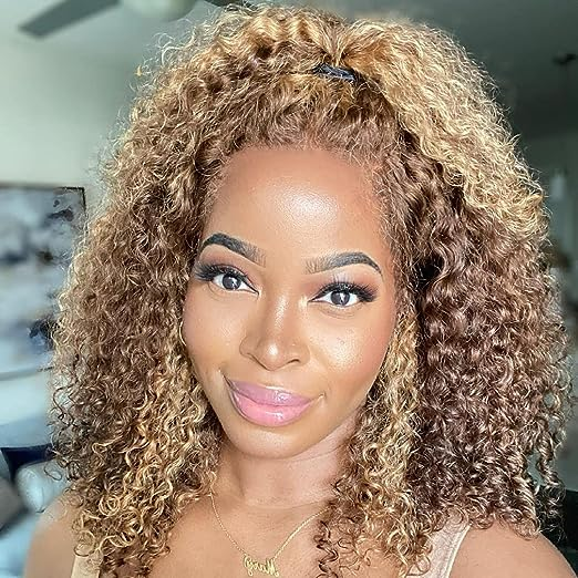Klaiyi Honey Blonde Highlights Kinky Curly Cut BOB Wig 13x4  Lace Front Wigs Human Hair Flash Sale