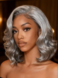 Klaiyi Salt and Pepper Layered Bob Glueless Pre-Cut T-part Lace Grey Wig