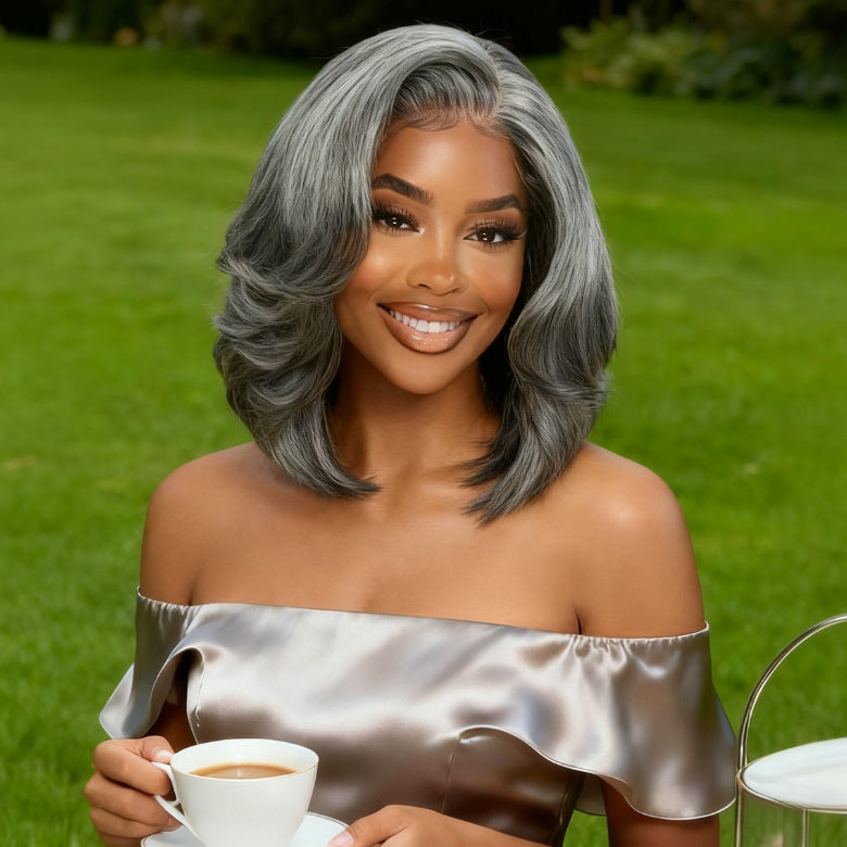 Klaiyi Salt and Pepper Layered Bob Glueless Pre-Cut T-part Lace Grey Wig