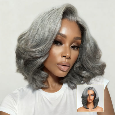 Klaiyi Salt and Pepper Layered Bob Glueless Pre-Cut T-part Lace Grey Wig