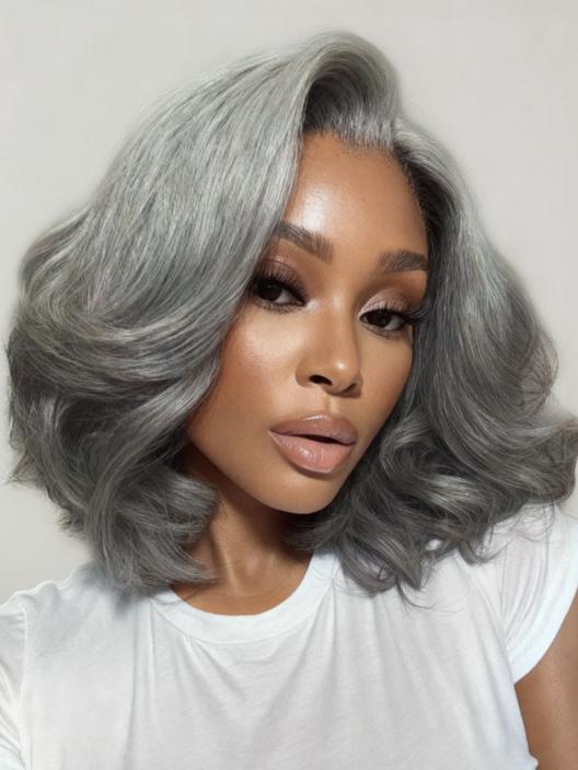 Klaiyi Salt and Pepper Layered Bob Glueless Pre-Cut T-part Lace Grey Wig