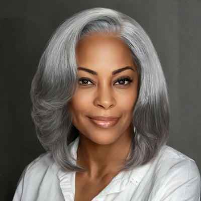 Klaiyi Salt and Pepper Layered Bob Glueless Pre-Cut T-part Lace Grey Wig