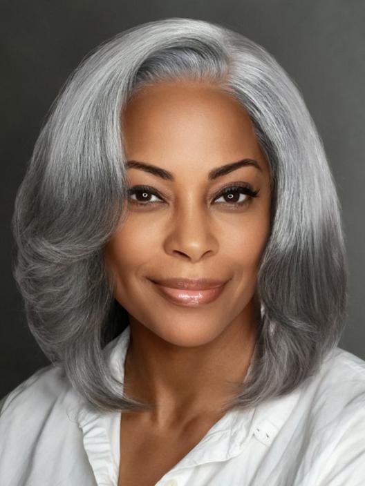 Klaiyi Salt and Pepper Layered Bob Glueless Pre-Cut T-part Lace Grey Wig