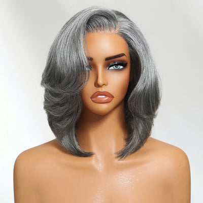 Klaiyi Salt and Pepper Layered Bob Glueless Pre-Cut T-part Lace Grey Wig