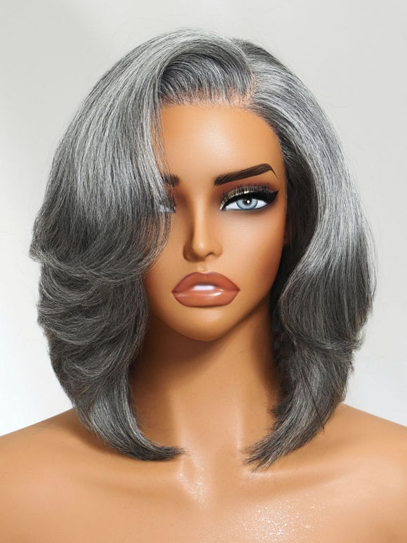 Klaiyi Salt and Pepper Layered Bob Glueless Pre-Cut T-part Lace Grey Wig