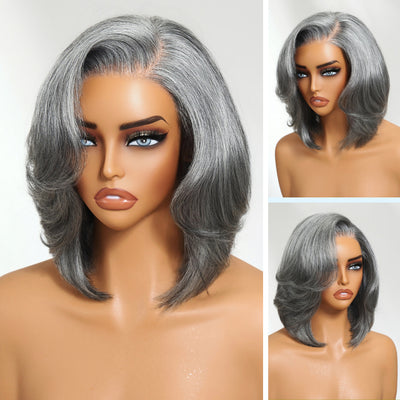Klaiyi Salt and Pepper Layered Bob Glueless Pre-Cut T-part Lace Grey Wig