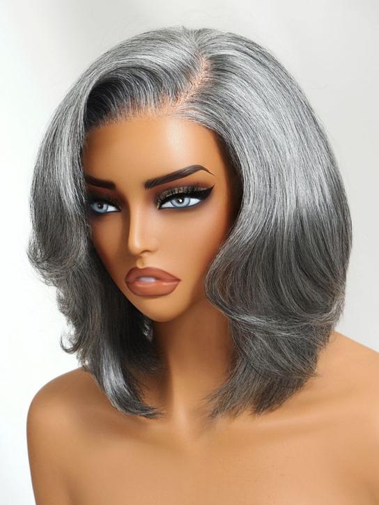 Klaiyi Salt and Pepper Layered Bob Glueless Pre-Cut T-part Lace Grey Wig