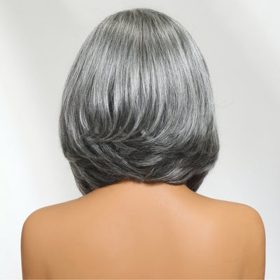 Klaiyi Salt and Pepper Layered Bob Glueless Pre-Cut T-part Lace Grey Wig