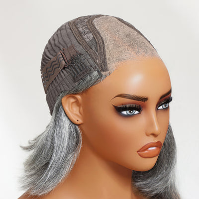 Klaiyi Salt and Pepper Layered Bob Glueless Pre-Cut T-part Lace Grey Wig