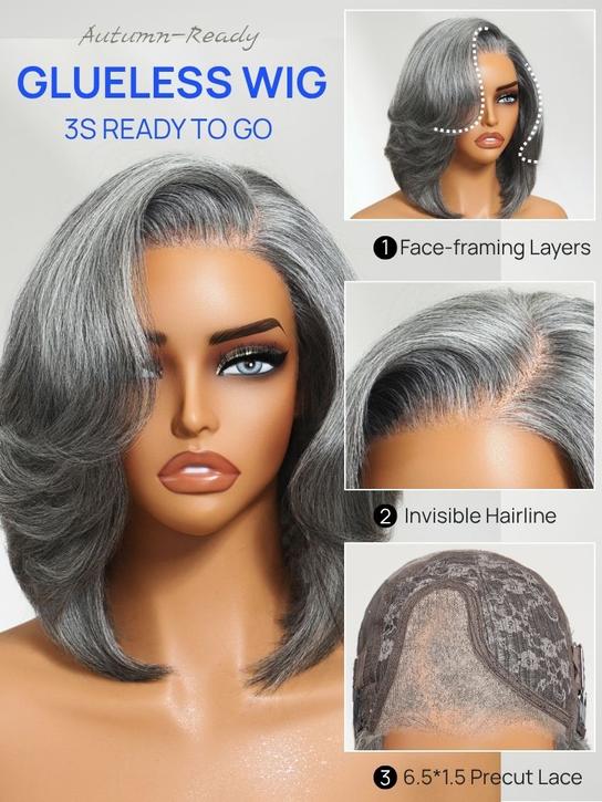 Klaiyi Salt and Pepper Layered Bob Glueless Pre-Cut T-part Lace Grey Wig