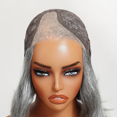 Klaiyi Salt and Pepper Layered Bob Glueless Pre-Cut T-part Lace Grey Wig
