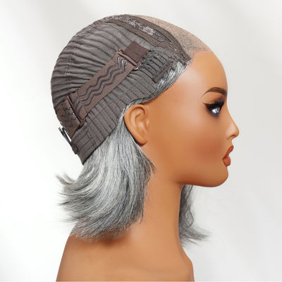 Klaiyi Salt and Pepper Layered Bob Glueless Pre-Cut T-part Lace Grey Wig