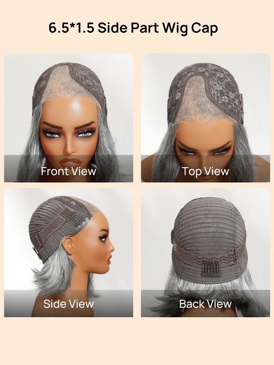 Klaiyi Salt and Pepper Layered Bob Glueless Pre-Cut T-part Lace Grey Wig