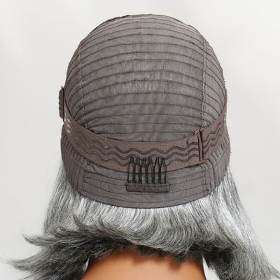 Klaiyi Salt and Pepper Layered Bob Glueless Pre-Cut T-part Lace Grey Wig