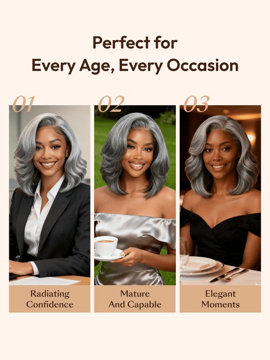 Klaiyi Salt and Pepper Layered Bob Glueless Pre-Cut T-part Lace Grey Wig