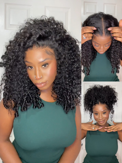 Klaiyi 7x5 Bye Bye Knots Curly Hair with Finger Coil Ends Put on and Go Glueless Human Hair Wig