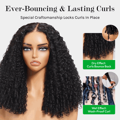 Klaiyi 7x5 Bye Bye Knots Curly Hair with Finger Coil Ends Put on and Go Glueless Human Hair Wig