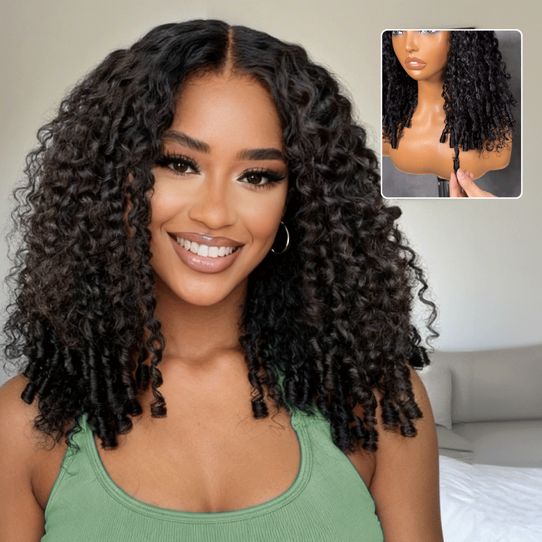 Klaiyi 7x5 Bye Bye Knots Curly Hair with Finger Coil Ends Put on and Go Glueless Human Hair Wig