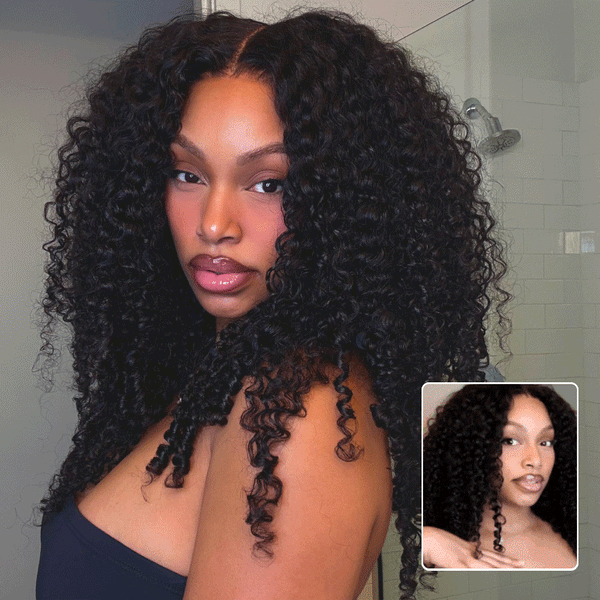 Klaiyi 7x5 Bye Bye Knots Curly Hair with Finger Coil Ends Put on and Go Glueless Human Hair Wig