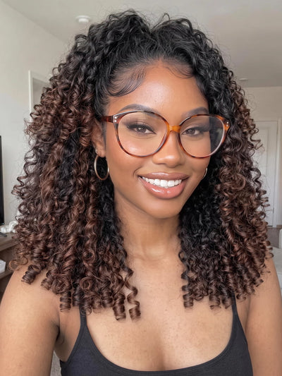 Perruque Klaiyi Ombre Châtain Brun 7x5, bouclée birmane, pointes enroulées aux doigts, facile à poser et à coiffer, sans colle, en cheveux humains avec cordon de serrage invisible. 