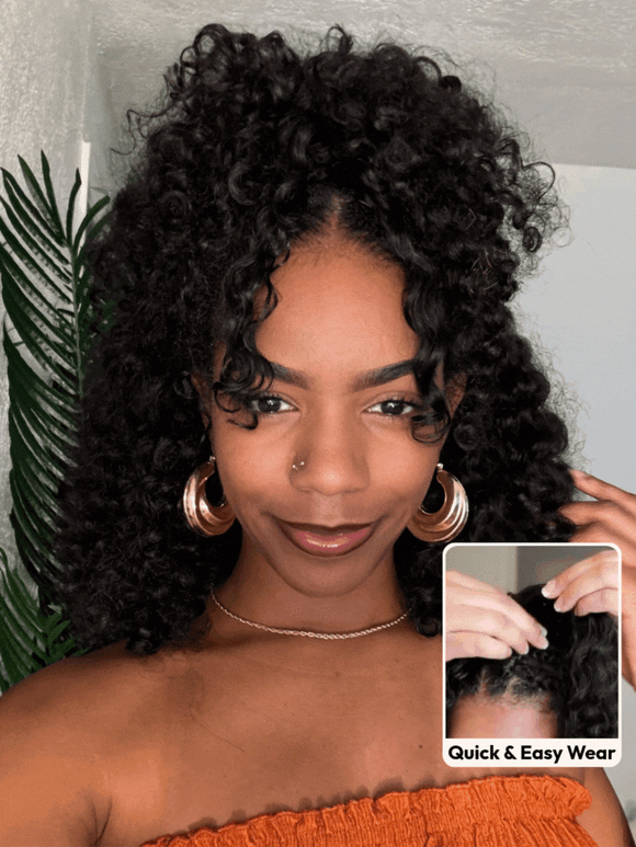 Klaiyi Hair Bouncy Water & Curly Seamless Blending Wig With Drawstring  InvisiBlend™ V part Wig 3.0 150% Density Protect Your Natural Hair Flash Sale