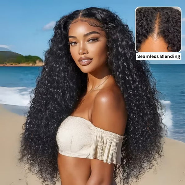 Klaiyi Hair InvisiBlend™ V part Wig 3.0 Bouncy Water Wave Curly Seamless Blending Wig With Drawstring 150% Density Protect Your Natural Hair