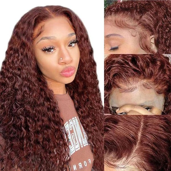 Klaiyi Water Wave Lace Front Wig Human Hair Brown Brunette Auburn Copper Color